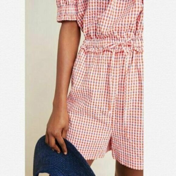 Anthropologie Gingham Drawstring Off-The-Shoulder Romper Shorts One-Piece, NWT - Picture 2 of 4